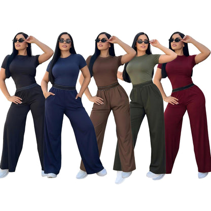 Women's 3D Letter Print Crew Neck Tracksuit – Casual Short Sleeve Top & Wide-Leg Pants Set (Sizes S–XXL)