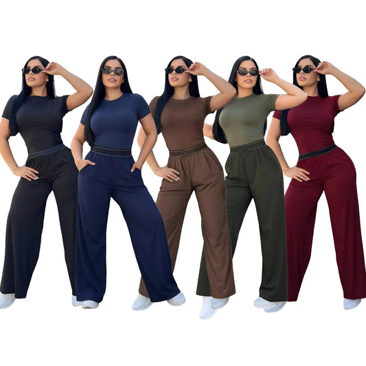 Women's 3D Letter Print Crew Neck Tracksuit – Casual Short Sleeve Top & Wide-Leg Pants Set (Sizes S–XXL)