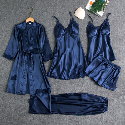 Women's Satin Robe & Pajama Set – Long Sleeve Loungewear with Bathrobe, 5-Piece (Plus Sizes S–XXXL)