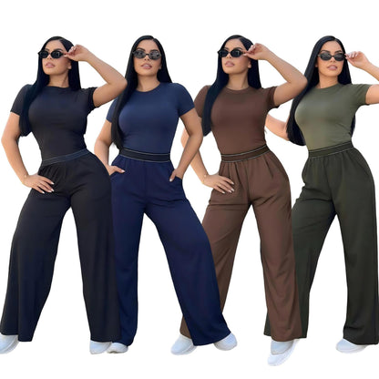 Women's 3D Letter Print Crew Neck Tracksuit – Casual Short Sleeve Top & Wide-Leg Pants Set (Sizes S–XXL)