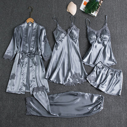 Women's Satin Robe & Pajama Set – Long Sleeve Loungewear with Bathrobe, 5-Piece (Plus Sizes S–XXXL)