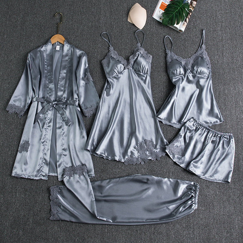 Women's Satin Robe & Pajama Set – Long Sleeve Loungewear with Bathrobe, 5-Piece (Plus Sizes S–XXXL)