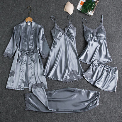 Women's Satin Robe & Pajama Set – Long Sleeve Loungewear with Bathrobe, 5-Piece (Plus Sizes S–XXXL)