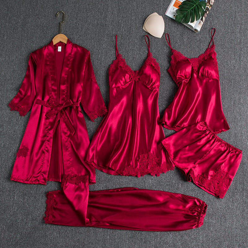 Women's Satin Robe & Pajama Set – Long Sleeve Loungewear with Bathrobe, 5-Piece (Plus Sizes S–XXXL)