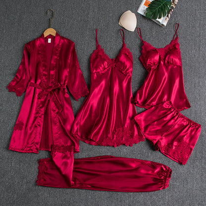 Women's Satin Robe & Pajama Set – Long Sleeve Loungewear with Bathrobe, 5-Piece (Plus Sizes S–XXXL)