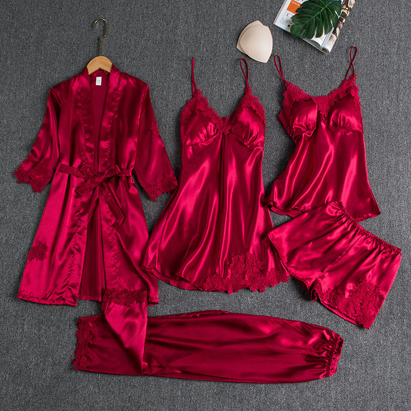 Women's Satin Robe & Pajama Set – Long Sleeve Loungewear with Bathrobe, 5-Piece (Plus Sizes S–XXXL)