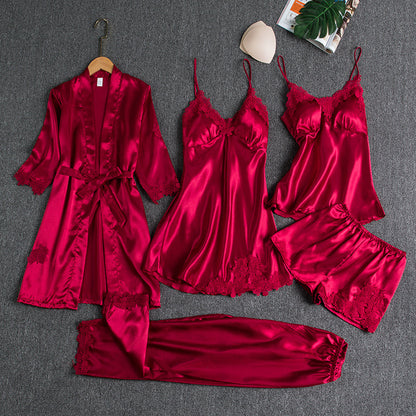 Women's Satin Robe & Pajama Set – Long Sleeve Loungewear with Bathrobe, 5-Piece (Plus Sizes S–XXXL)