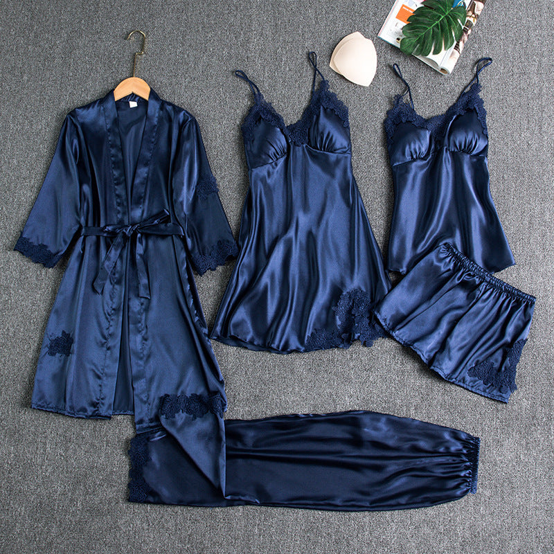 Women's Satin Robe & Pajama Set – Long Sleeve Loungewear with Bathrobe, 5-Piece (Plus Sizes S–XXXL)
