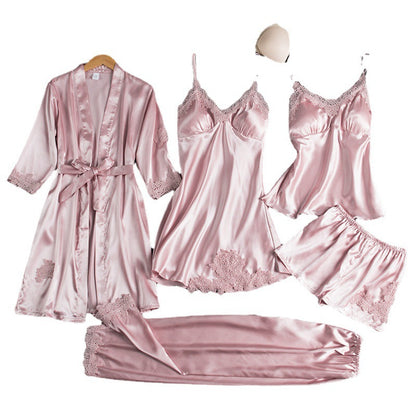 Women's Satin Robe & Pajama Set – Long Sleeve Loungewear with Bathrobe, 5-Piece (Plus Sizes S–XXXL)