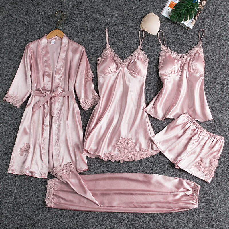 Women's Satin Robe & Pajama Set – Long Sleeve Loungewear with Bathrobe, 5-Piece (Plus Sizes S–XXXL)
