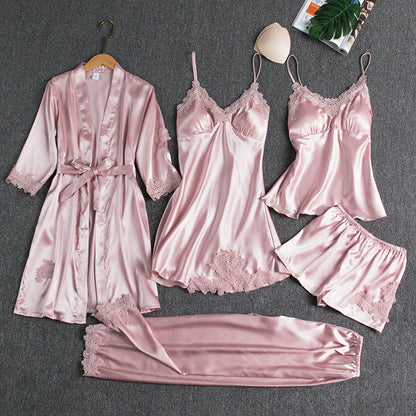Women's Satin Robe & Pajama Set – Long Sleeve Loungewear with Bathrobe, 5-Piece (Plus Sizes S–XXXL)