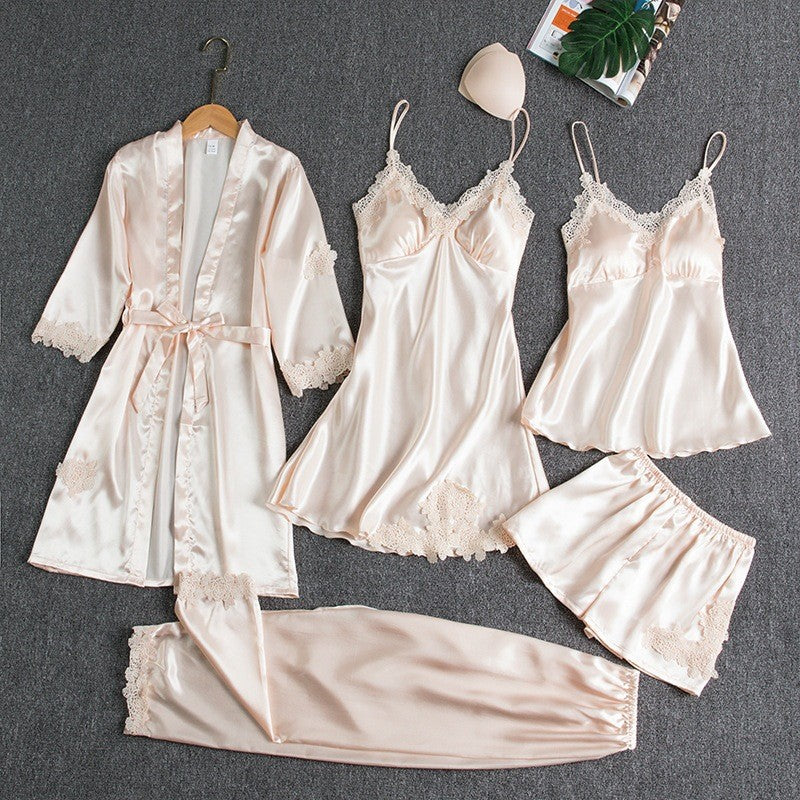 Women's Satin Robe & Pajama Set – Long Sleeve Loungewear with Bathrobe, 5-Piece (Plus Sizes S–XXXL)